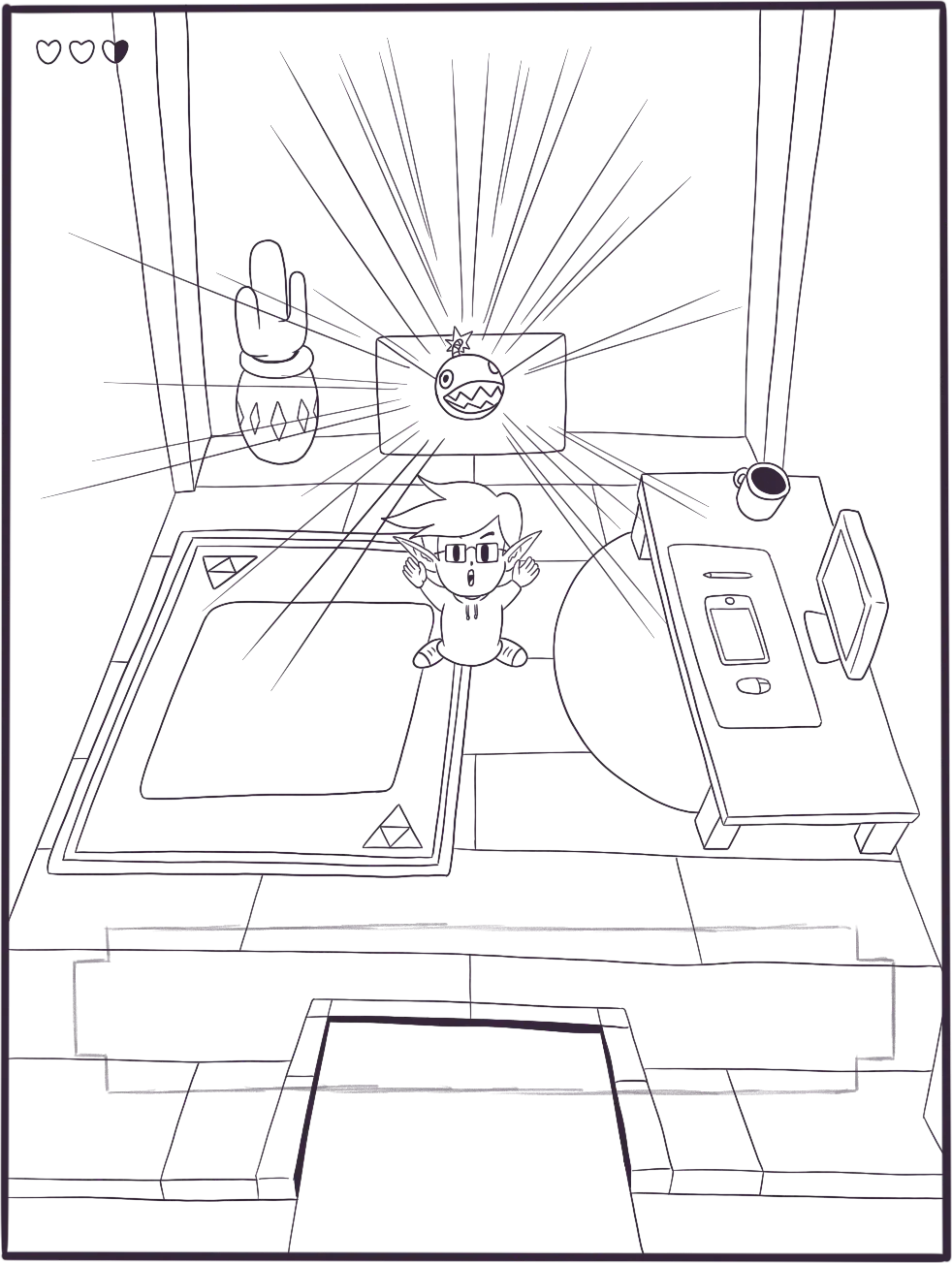 Raúl disfrazado de Link de The Legend of Zelda obteniendo un objeto